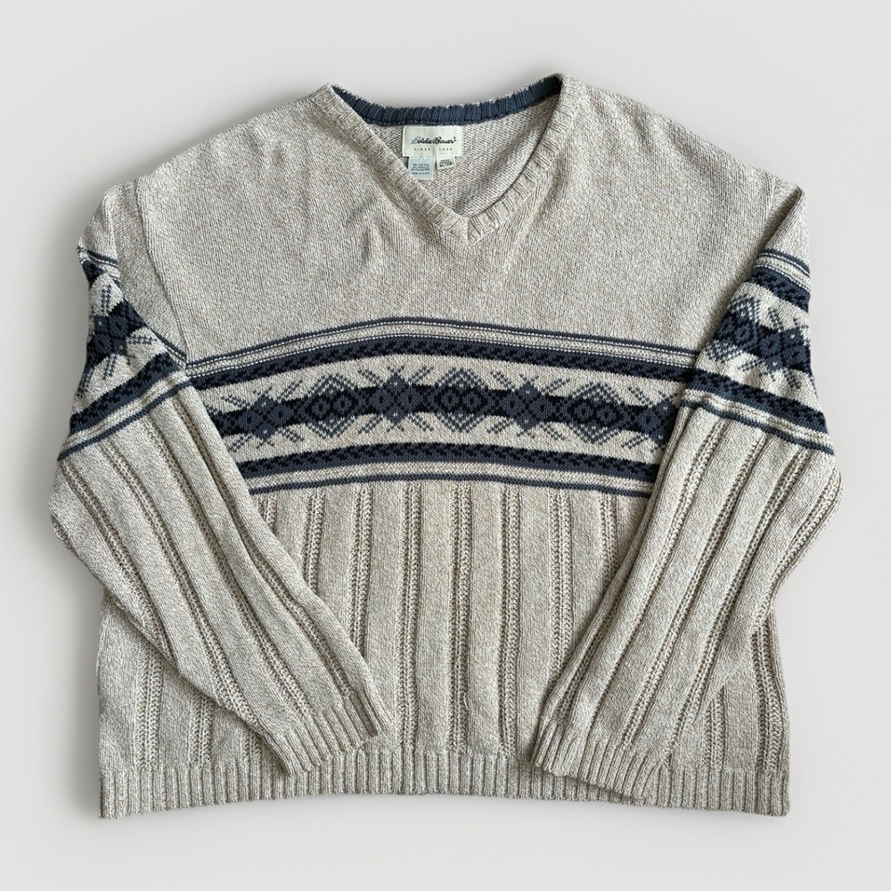 Vintage 90s Eddie Bauer Cotton Blend Pattern Knit Sweater XL Fair‎ Isle USA